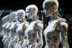 Mannequins in a shop window. Men's fashion. humanoid robots operating in harmony, with each embodying a unique and powerful personality, AI Generated photo