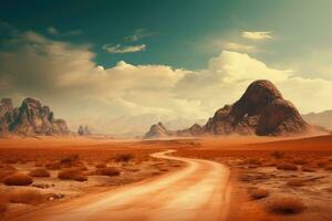 Road in the desert with mountains and blue sky. 3d rendering, Adventure desert road explore vibe, AI Generated photo