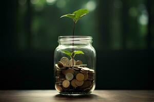 plant growing out of coins in the glass jar with green nature background, A glass jar full of coins and a little plant growing inside the jar, AI Generated photo