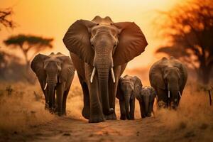 elefantes en chobe nacional parque, botsuana, África, un manada de elefantes caminando a través de un seco césped campo a puesta de sol con el Dom en el fondo, ai generado foto