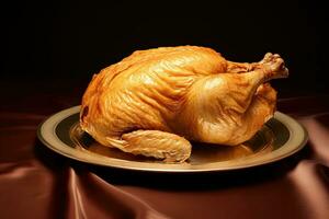 Roast chicken on a golden plate on a dark background, close-up, A heartwarming image of a plump chicken lying on a plate, its meat carefully missed with a fork, AI Generated photo