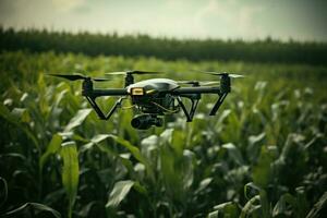 zumbido quadcopter con digital cámara volador terminado maíz campo. agricultura zumbido supervisión verde maíz campo, ai generado foto
