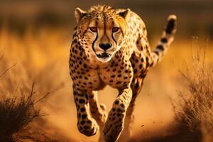 Cheetah running in the savannah in Namibia, Africa, a cheetah running closeup, AI Generated photo