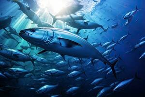 atún en el profundo azul océano. submarino mundo. 3d representación, un grande colegio de atún en un profundo azul océano, filipinas, ai generado foto