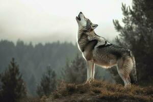 AI Generated Lone wolf howls in the deteriorating wilderness, searching for a mate. photo