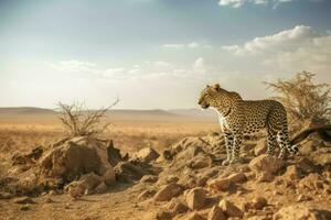 ai generado solitario leopardo deambula el degradado hábitat, luchando a encontrar presa. foto