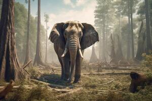 A gigantic elephant stands amongst the degraded forest floor. photo