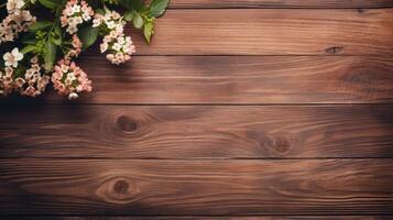 AI Generated Flowers on wood texture background with copy space. Vintage style. photo