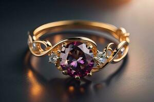 Boda anillo con diamantes en un sólido color antecedentes. joyas. ai generativo foto