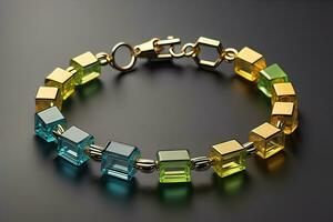 Jewelry Bracelet with precious stones on a gray background. Studio shot. ai generative photo