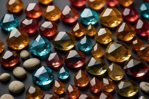 Colorful gemstones on black wooden table, close-up. ai generative photo