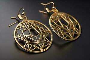 Earrings made of gold on a solid color background close up. ai generative photo