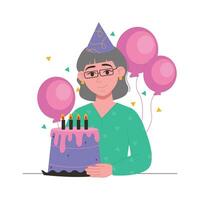 Person with cake. Old woman in a festive cap blows out the candles on the cake. Vector graphic.