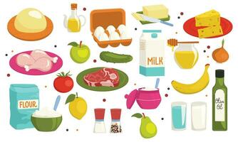 Set of fresh food ingredients for cooking. Vector graphic.