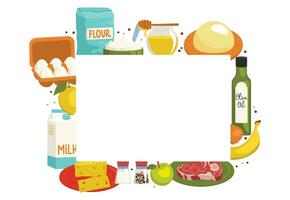 Rectangular frame from various food ingredients. Cooking. Vector graphic.