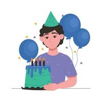 Person with cake. Man in a festive cap blows out the candles on the cake. Vector graphic.