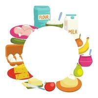 Round frame from different food ingredients. Cooking. Vector graphic.