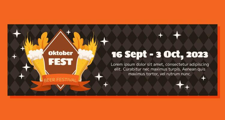 Oktoberfest German beer festival horizontal banner template. Design with glass of beer, wheat and leaves, banner ribbon. Rhombus pattern on back