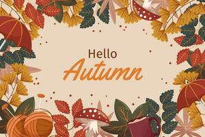 Hello Autumn background design with different leaves branches, knits and umbrella, mushroom fly agaric, copy space. Fall  frame with maple, gingo and other foliage. vector