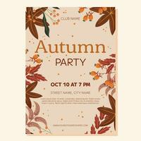 Autumn Party poster template design. Frame with maple leaf and orange berry, red and brown leaves branch, copy space. Event invitation for club vector