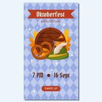 Oktoberfest German beer festival vertical social media stories template. Design with Tyrolean hat, fork with grilled sausage, pretzel, wooden barrel, wheat and leaves. Light blue rhombus pattern vector