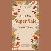 Autumn Super Sale vertical social media stories template design. Frame with different leaves and berries on a twig, copy space. Marketing banner with a discount vector