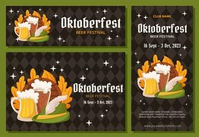 Oktoberfest German beer festival background, vertical and horizontal banner collection. Design with glass of light and dark beer, tyrolean hat and leaves. Rhombus pattern on back vector