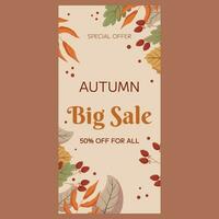 Autumn Big Sale vertical banner template design. Frame with different leaves and berries on a twig. Marketing banner with a special offer. vector