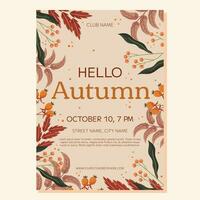 Hello Autumn Party poster template design. Frame with maple leaf and orange berry, red and brown leaves branch. Event invitation for club vector