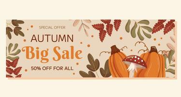 Autumn Big Sale horizontal banner template design with copy space. Frame with different leaves branches, pumpkins and mushroom fly agaric. Marketing banner with a special offer. vector