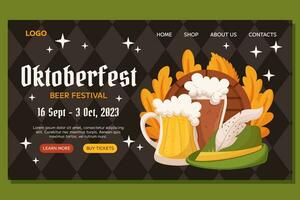 Oktoberfest German beer festival Landing template design. Design with glass of light and dark beer, tyrolean hat and leaves. Rhombus pattern on back vector