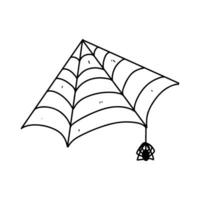 Cobweb with little spider. Hand drawn doodle style. Vector illustration isolated on white. Halloween element.