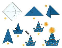 Magic hat origami scheme tutorial moving model. Origami for kids. Step by step how to make a cute origami accessories. Vector illustration.