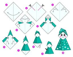 Gnome origami scheme tutorial moving model. Origami for kids. Step by step how to make a cute origami dwarf. Vector illustration.