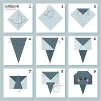 Elephant origami scheme tutorial moving model. Origami for kids. Step by step how to make a cute origami elephant. Vector illustration.