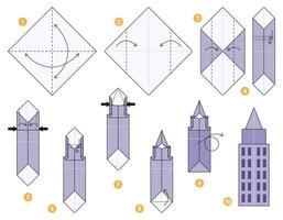 rascacielos origami esquema tutorial Moviente modelo. origami para niños. paso por paso cómo a hacer un linda origami edificio. vector ilustración.