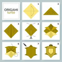 Turtle origami scheme tutorial moving model. Origami for kids. Step by step how to make a cute origami turtle. Vector illustration.