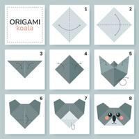 Koala origami scheme tutorial moving model. Origami for kids. Step by step how to make a cute origami tiger. Vector illustration.