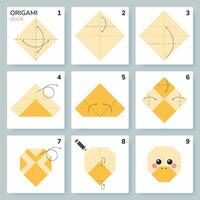 Duck origami scheme tutorial moving model. Origami for kids. Step by step how to make a cute origami duck. Vector illustration.