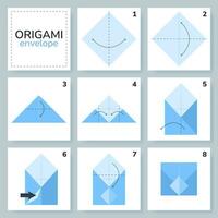 Envelope origami scheme tutorial moving model. Origami for kids. Step by step how to make a cute origami envelope. Vector illustration.