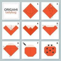 Ladybug origami scheme tutorial moving model. Origami for kids. Step by step how to make a cute origami insect. Vector illustration.