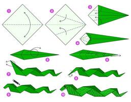 Snake origami scheme tutorial moving model. Origami for kids. Step by step how to make a cute origami reptile. Vector illustration.