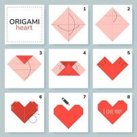 Heart origami scheme tutorial moving model. Origami for kids. Step by step how to make a cute origami heart. Vector illustration.