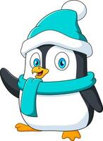 dibujos animados ilustración de linda pingüino mascota en invierno sombrero y bufanda vector