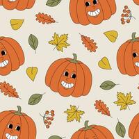 Seamless pattern with smiling pumpkin character, autumn falling leaves and rowanberry. Fall havest, thanksgiving day, halloween. Vector background