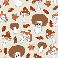 Seamless pattern with mushrooms and autumn falling leaves. Fly agaric, cep, maple and oak foliage. Fall forest, garden, park. Vector background