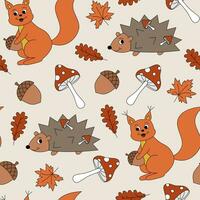 Seamless pattern with squirrel, hedgehog, fly agaric, acorns and autumn falling leaves. Fall season forest concept. Vector background