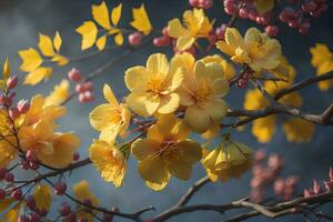 cherry blossom sakura flower on blue sky background, ai generative photo