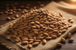 Almond nuts in wooden bowl on sackcloth and wooden background. ai generative photo