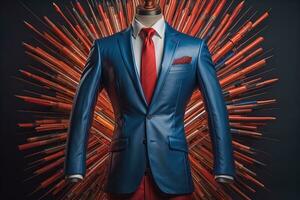 Stylish suits on mannequins on solid color background, closeup. ai generative photo